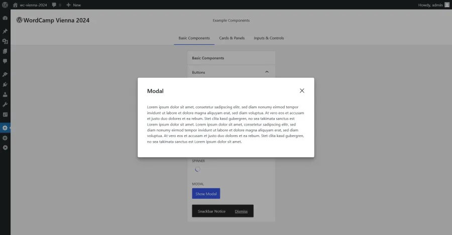 WordPress Components Library showing a modal example.