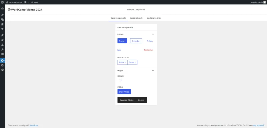 WordPress Components Library interface showing basic components like buttons and modals.