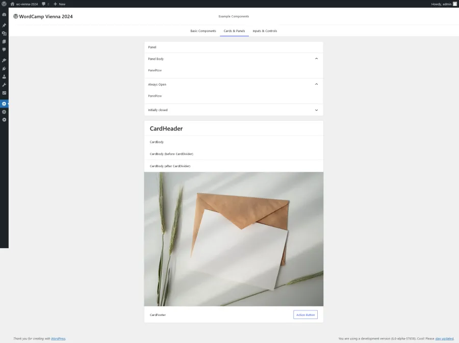 WordPress Components Library example: Cards & Panels section.