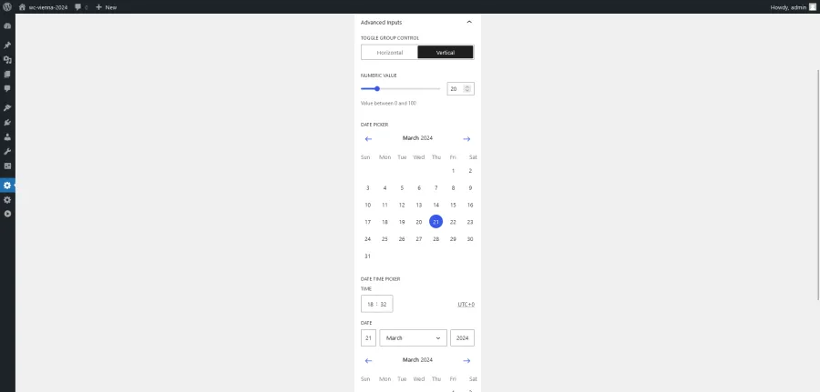 WordPress Components Library: Advanced form inputs, including toggle, numeric value slider, date picker, and date/time picker.