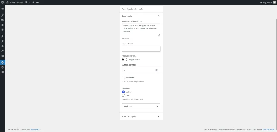 WordPress Components Library: Form inputs and controls panel.