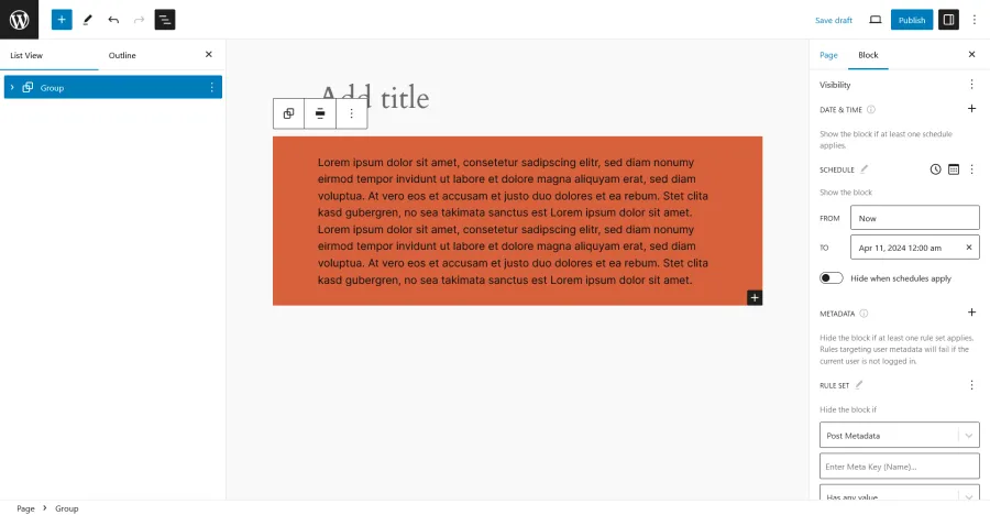 Block Visibility plugin interface in WordPress, showing date, time, and metadata settings.