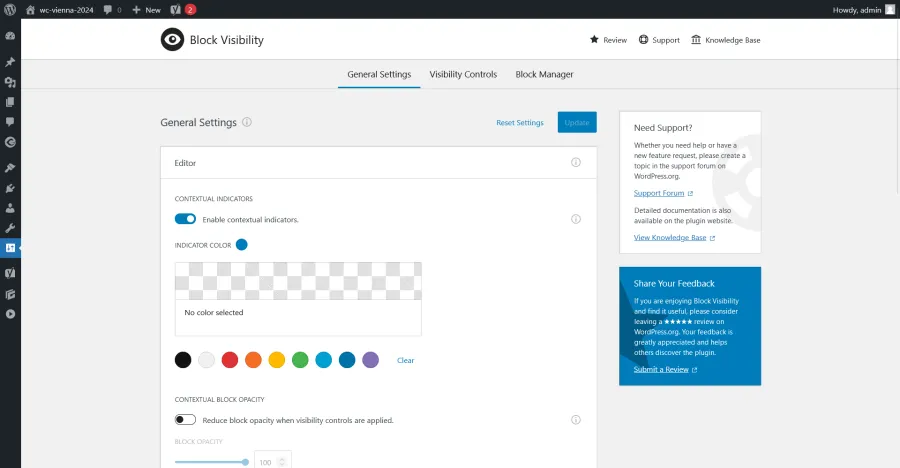 Block Visibility plugin settings screen in WordPress, showing General Settings.