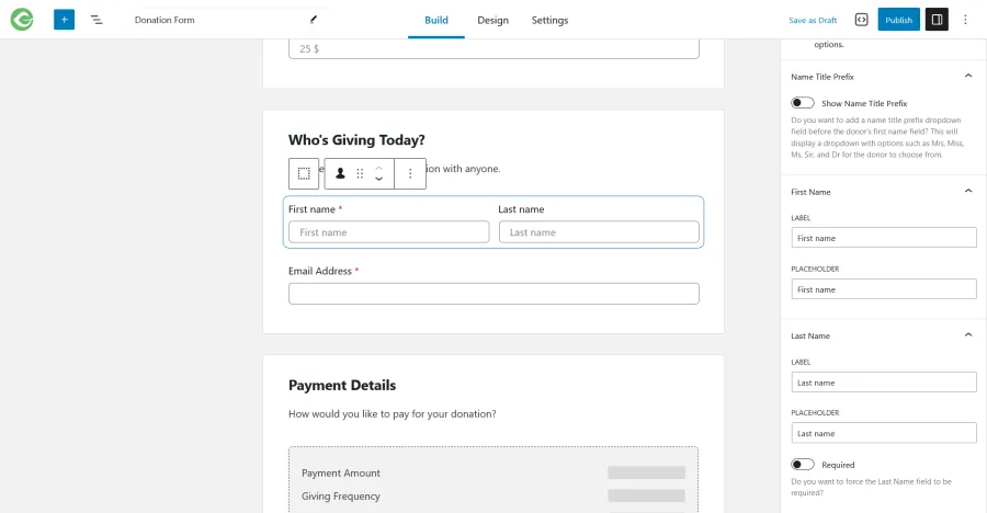 GiveWP form builder interface in WordPress showing donation form fields.