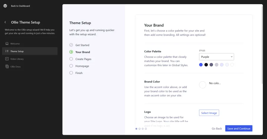 OllieWP onboarding screen showing theme setup including brand color palette and logo selection for the WordPress Components Library.