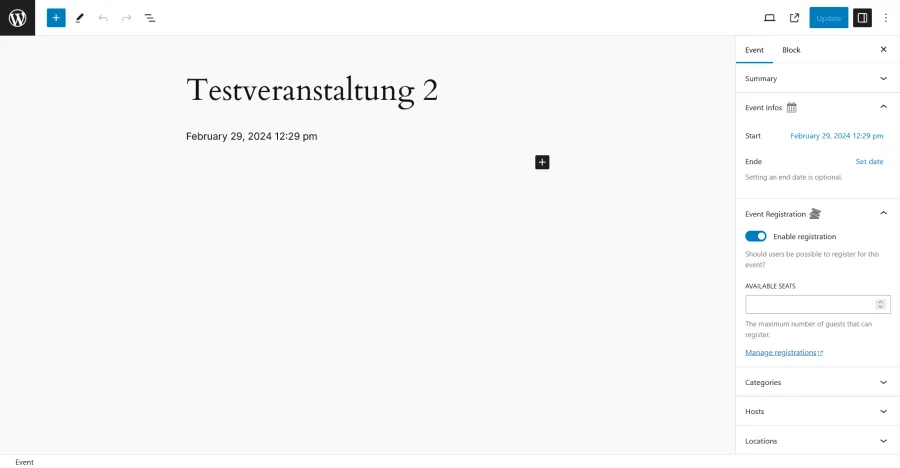 Screenshot of the event settings in WordPress, showing options for event details, registration, categories, hosts, and locations.
