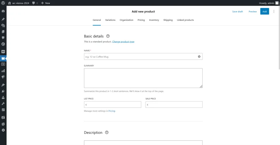 Screenshot of the 'Add new product' page in WooCommerce, showcasing the WordPress Components Library.