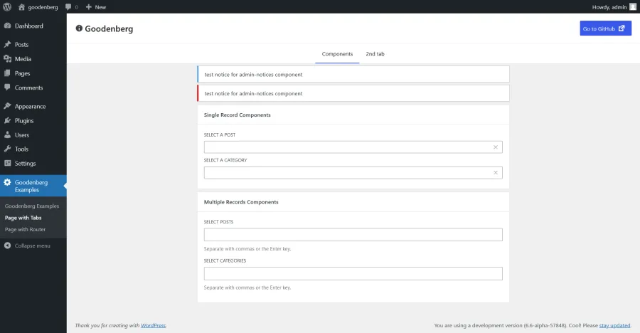 Screenshot of an example page built with the Goodenberg library, showing different sections and inputs in components.