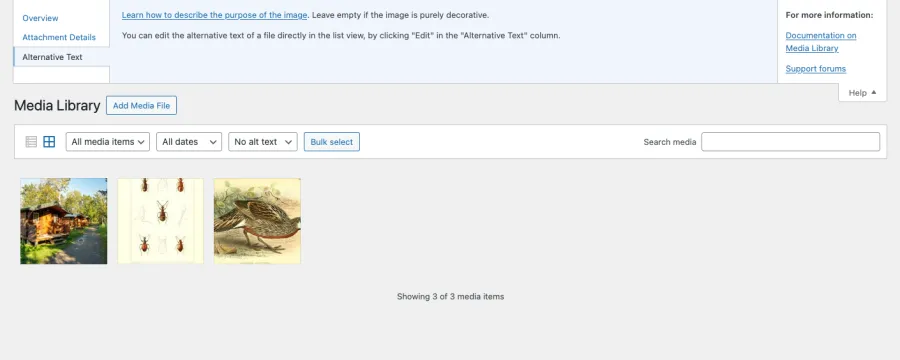 Screenshot of the WordPress media library showing the features added by the plugin: A help-tab about alt texts and a filter to show only images with/without alt text.