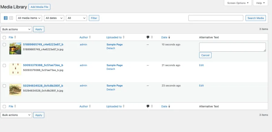 A screenshot of the WordPress media library showing a functionality of the plugin: Quick-editing alt texts for images in the list view.