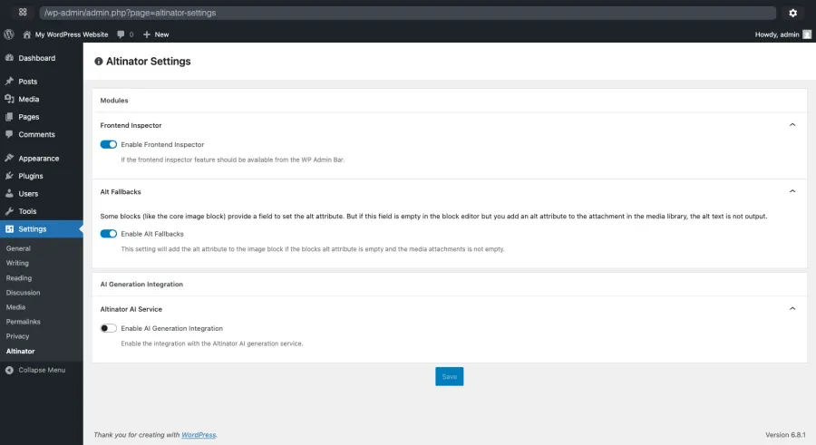 A screenshot of the plugins setting screen, where features can be enabled/disabled: The 