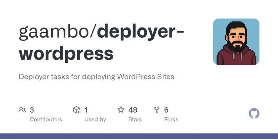 GitHub Overview for the deployer-wordpress repository. It's Deployer tasks for deploying WordPress Sites 